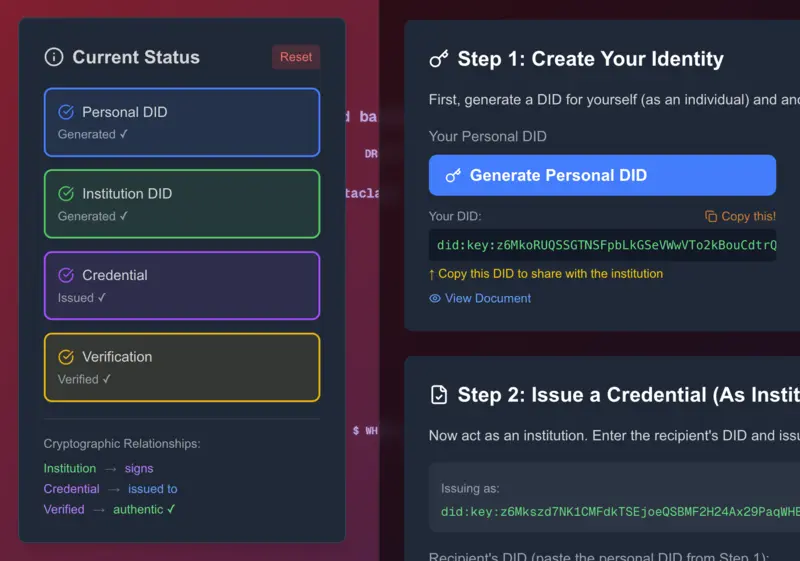 Screenshot of Decentralized Identity (DID) & Verifiable Credential (VC) Explorer project